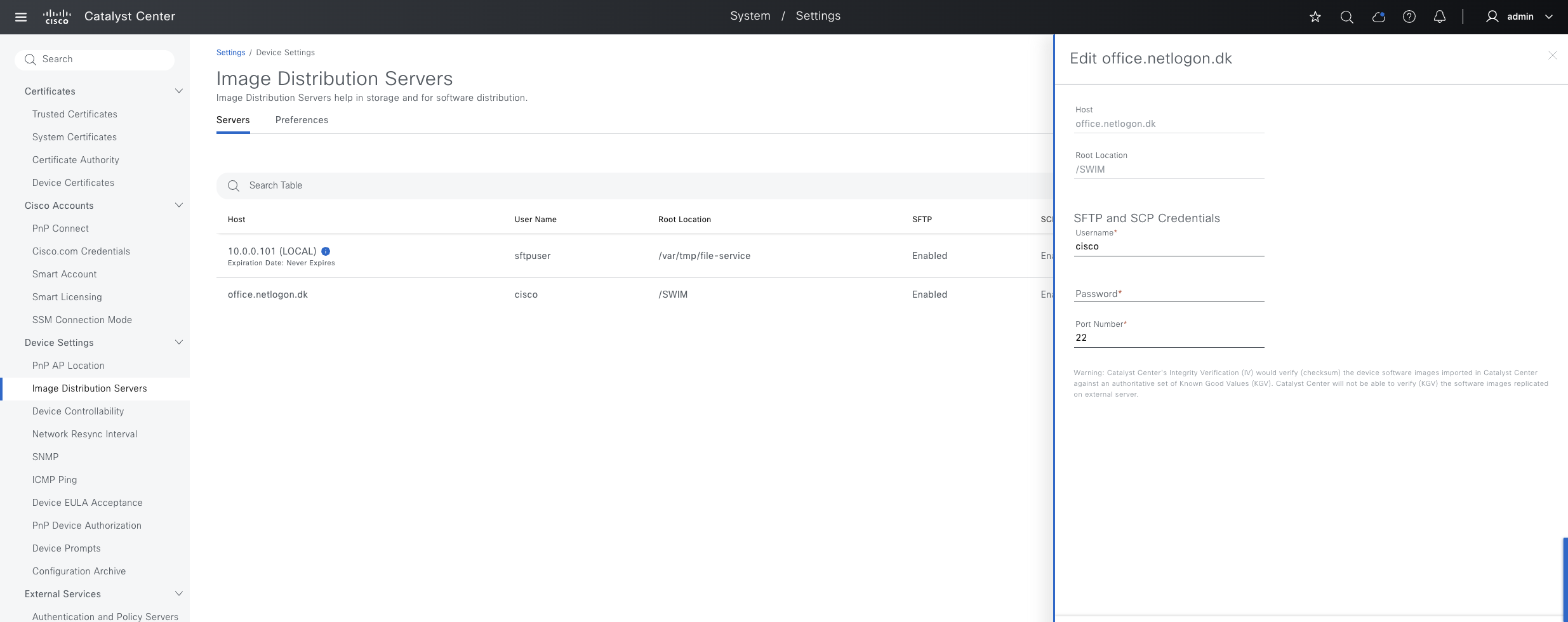Catalyst Center Image Distribution Servers konfigurationsskærm